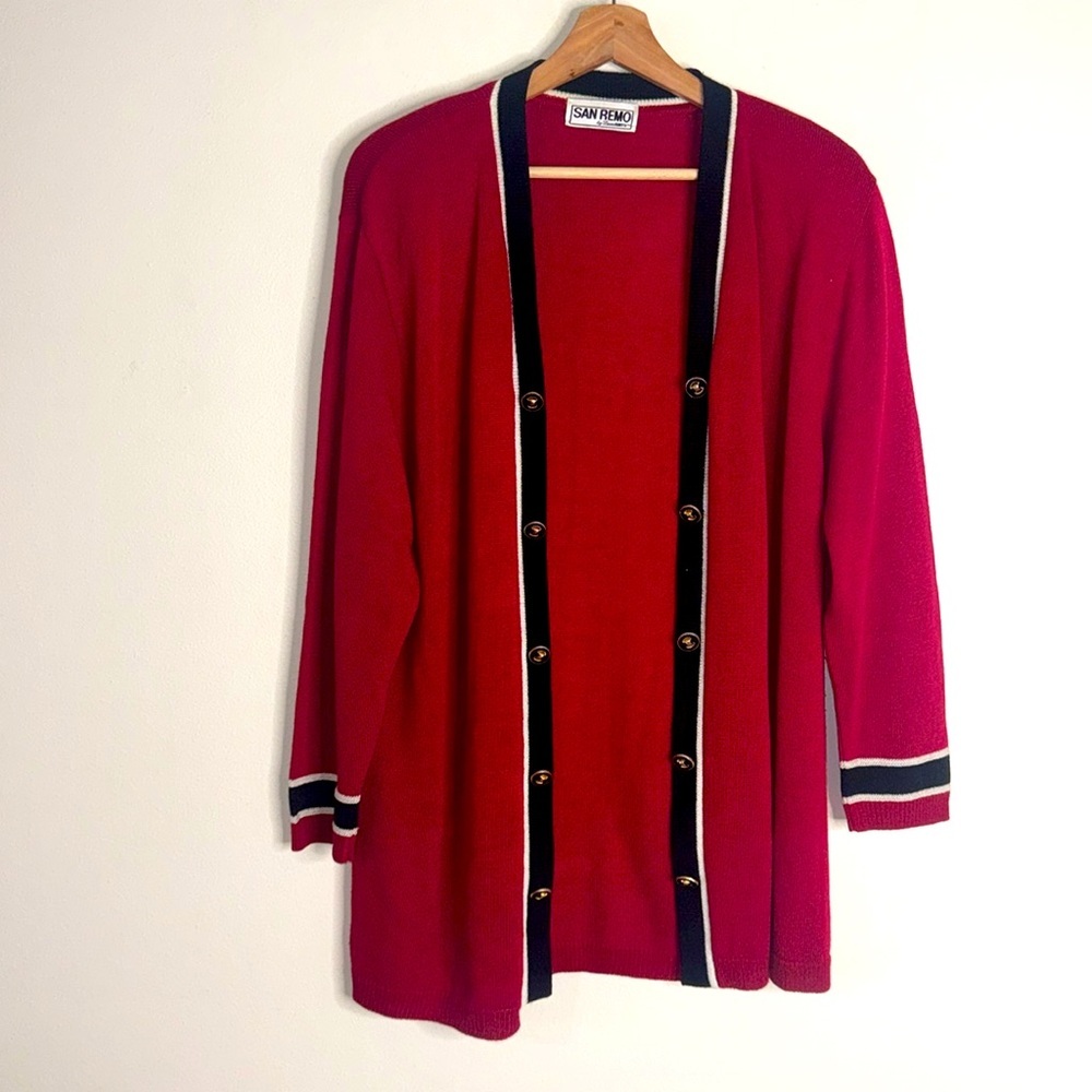 Vintage San Remo Womens Cardigan Large Red Black Open Front Gold Buttons Modern